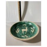 HAUNSO POTTERY BOWL, GREEN GLAZE, DEER AND LEAF