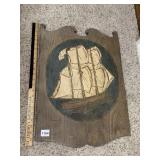 WOODEN WALL PLAQUE, CARVED SHIP RELIEF, PAINTED