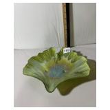 IRIDESCENT ART GLASS BOWL, GINKGO LEAF FORM, LIME
