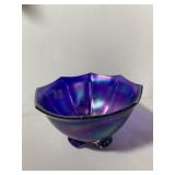 CARNIVAL GLASS BOWL, IRIDESCENT BLUE, FOOTED,