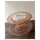 VTG PINK DEPRESSION GLASS COMPOTE, ETCHED FLORAL