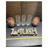 LENOX CERAMIC LAUGH SIGN, GLASS TUMBLERS (3),