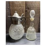 VINTAGE GLASS PITCHER W/ PEWTER LID AND INSERT,