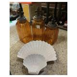AMBER GLASS CANISTERS (3) W/ METAL FLEUR-DE-LIS