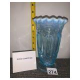 OPALESCENT BLUE GLASS VASE, RUFFLED RIM, MOLDED