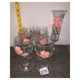 LE SMITH GLASS STEMWARE AND VASE, HAND-PAINTED