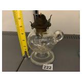 VTG CLEAR GLASS OIL LAMP, BEADED BASE, METAL