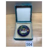 CLOISONNE TRINKET BOX, ROUND, BLUE ENAMEL W/