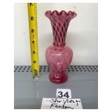 FENTON ART GLASS VASE, CRANBERRY OVERLAY, DIAMOND