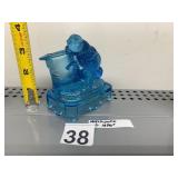 VTG BLUE PRESSED GLASS MATCHSAFE, DOG FIGURAL