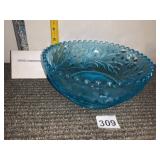 PRESSED GLASS BOWL, BLUE, FLORAL PATTERN,