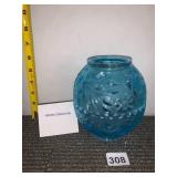 BLUE GLASS BETTY LAMP  FLORAL AND LEAF