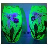 PR ART GLASS VASES, URANIUM GLASS, HAND-PAINTED