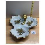 PORCELAIN TRIPLE DISH, GOLD FLORAL DECORATION,