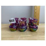 VTG IRIDESCENT CARNIVAL GLASS VASES, PURPLE HUE,