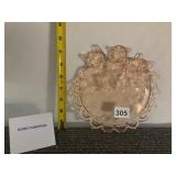 PINK DEPRESSION GLASS PLATE, CAT MOTIF, PIERCED