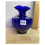 COBALT BLUE GLASS VASE, RUFFLED RIM, RIBBED BODY,