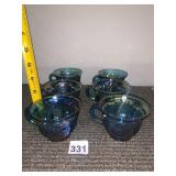 VTG CARNIVAL GLASS CUPS, IRIDESCENT BLUE, LEAF