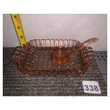 PINK DEPRESSION GLASS TRAY W/ ATTACHED LADLE,