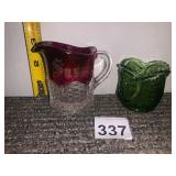 VTG GLASS CREAMER W/ ETCHED SUSAN, CRANBERRY