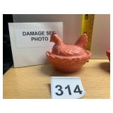 VTG PINK MILK GLASS HEN ON NEST, BASKET WEAVE
