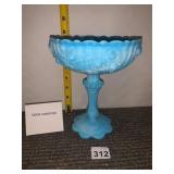 FENTON GLASS COMPOTE, BLUE OPALESCENT, ROSE