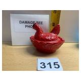 VTG RED MILK GLASS HEN ON NEST, BASKET WEAVE