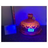 VTG RED GLASS COVERED BUTTER DISH, MOON AND STAR