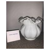 MILK GLASS VASE, RUFFLED CLEAR GLASS RIM, LOBED