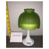 MILK GLASS BASE LAMP, GREEN FROSTED GLASS SHADE,
