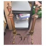 VTG BRASS AND IRON FIREPLACE ANDIRONS, TRIPOD