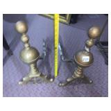 BRASS ANDIRONS, BALL FINIALS, TAPERED COLUMNS,