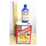 VTG GOLD MEDAL BISQUICK TIN, BLUE GLASS PHILLIPS