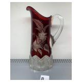 VTG CRANBERRY GLASS PITCHER, ETCHED FERN AND