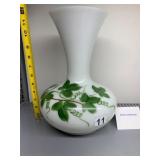 MILK GLASS VASE, HAND-PAINTED GREEN VINE AND LEAF