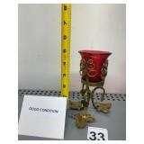 VTG BRASS CANDLE HOLDER, CRANBERRY GLASS INSERT,