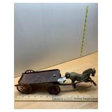VTG CAST IRON HORSE DRAWN WAGON, PAINTED METAL,