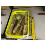 ASSORTED WOODEN TEXTILE BOBBINS, GREEN PAINTED