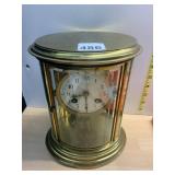 VTG BRASS CARRIAGE CLOCK, GLASS PANELS, EXPOSED