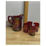 FENTON CARNIVAL GLASS PITCHER AND TUMBLERS, RUBY