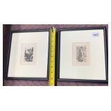 VTG ETCHINGS, PAIR, BLACK FRAMES, MATTED,