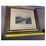 J. BORCHERT, SAILBOATS AT DOCK, ETCHING, GILT