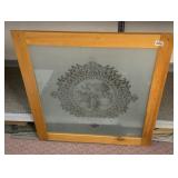 VTG ETCHED GLASS PANEL, WOOD FRAME, FIGURAL