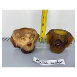 VTG ART GLASS DOG HEAD MATCH HOLDERS, AMBER TONE,