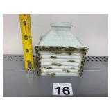 VTG MILK GLASS LOG CABIN COVERED BOX, WHITE GLASS