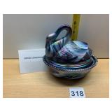 MOSSER GLASS SWAN COVERED DISH, IRIDESCENT