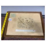 VTG HUNTING CARTOON PRINT, FRAMED, FEATURING