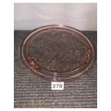 PINK DEPRESSION GLASS CAKE PLATE, SUNFLOWER