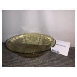 GREEN DEPRESSION GLASS BOWL, FLORAL ETCHED