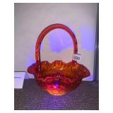 AMBER HOBNAIL ART GLASS BASKET, RUFFLED RIM,